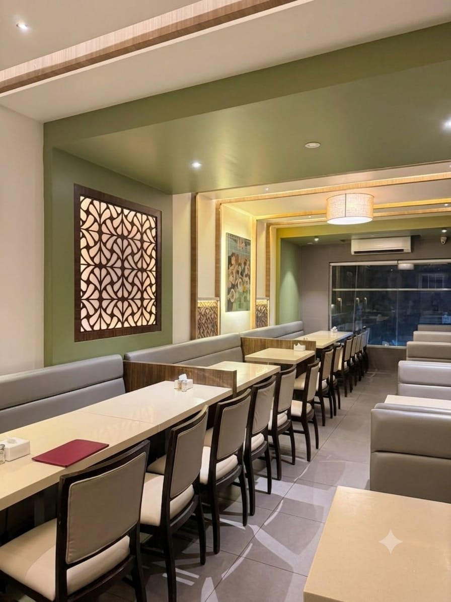 Hotel Sarika dining section with carved jali panel and soft lighting